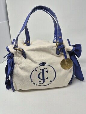 Vintage Juicy Couture Purse White Cotton, Blue Patent Leather, Bows7